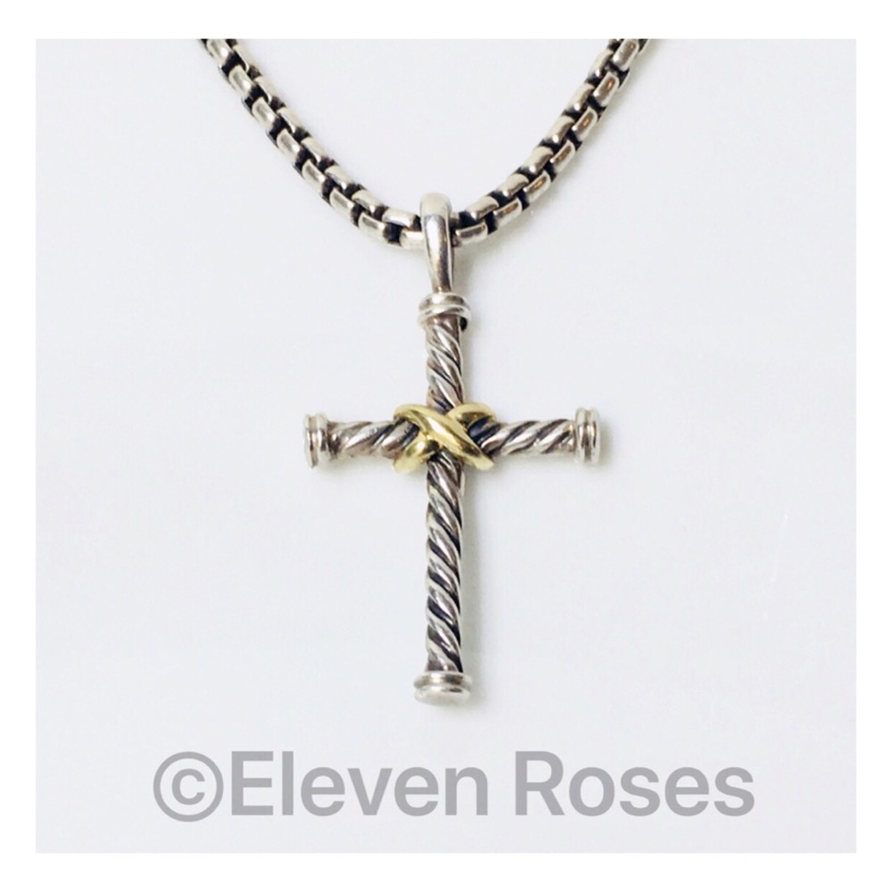 David Yurman Sterling & 18k X Cable Cross Pendant - Picture 1 of 8